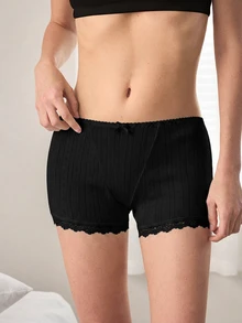 Ocili Women's Pure Cotton Knitted Jacquard Comfortable Patchwork Mini Lace Bow Decor Boxer Briefs - Black - View 1