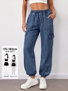 SHEIN Tall 女款腰部綁帶工裝口袋休閒錐腿牛仔褲秋季服飾 - 藍色 - 查看 9