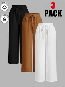 Shapeblank Bộ 3 quần casual size lớn màu trơn vải vân nổi thắt eo - Nhiều màu - Xem 1