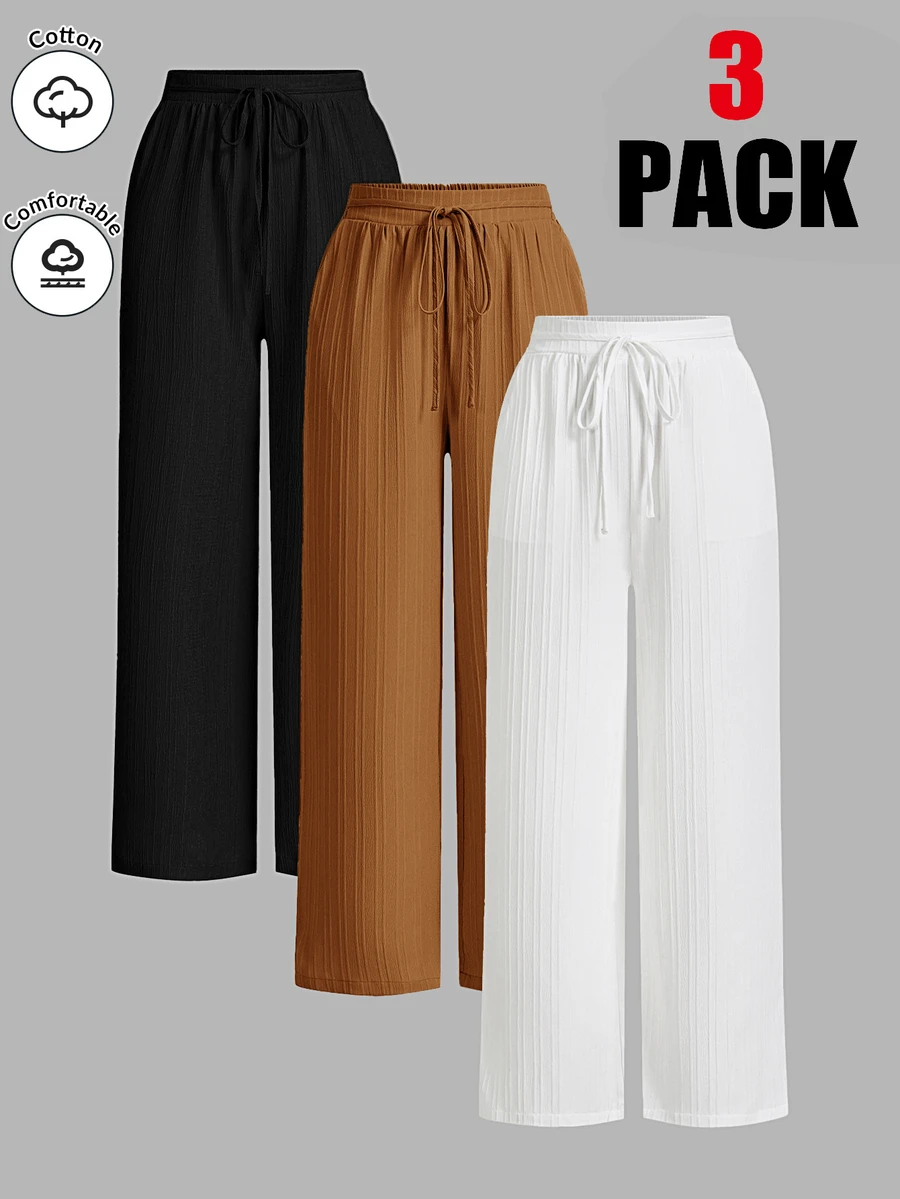 Shapeblank Bộ 3 quần casual size lớn màu trơn vải vân nổi thắt eo - Nhiều màu - Xem 1