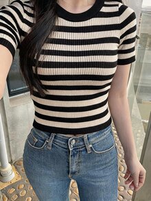 DAZY Women's Striped Halter Neck Fitted Knit Top - Black - View 2