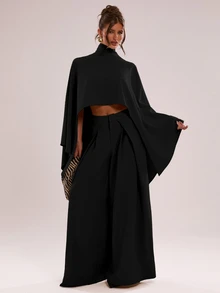 SHEIN BAE 女款純色高領不對稱下擺上衣與寬腿褲優雅套裝 - 黑色 - 查看 3