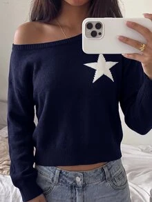 SHEIN 青少年女孩針織毛衣，休閒星星圖案海軍藍，簡約時尚，適合日常穿著，秋冬季 - 藏蓝色 - 查看 4