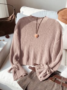 SHEIN 女童寬鬆極簡圓領綁帶袖裝飾秋季毛衣，棕色針織羅紋蝴蝶結套頭衫，適合冬季校園返校穿搭 - 杏色 - 查看 4