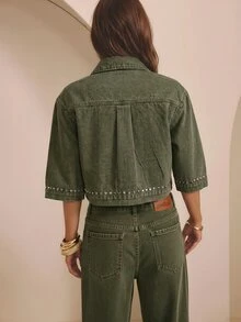 Aralina Women's Studded Cropped Denim Top - Army Green - View 2