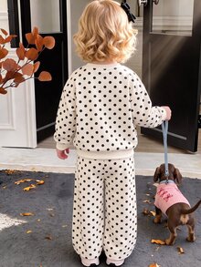 Baby Girl Vintage Cute Dopamine Black & White Contrast Polka Dot Soft Thick Long Sleeve Crew Neck Pullover Sweatshirt & Wide Leg Pants Set, Suitable For Autumn/Winter, Korean Style, Casual Comfortable, Fashion Kids Wear, Y2K, Vacation Comfort - Multicolor - View 4