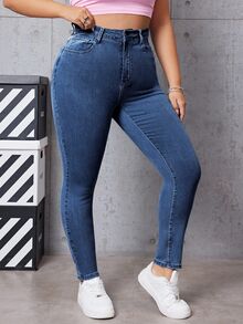 SHEIN EZwear 大尺碼女款高腰口袋修身休閒百搭牛仔褲 - 深色水洗藍 - 查看 6