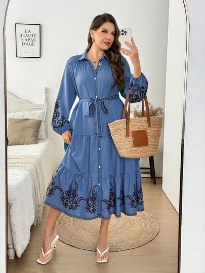 Easowa Curve Plus Size Vacation Fashion Paisley Print Button-Up Dress