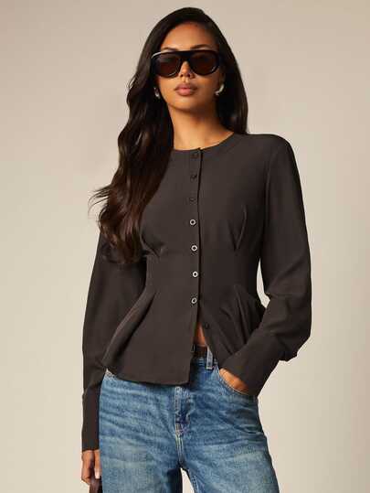 COSMINA Women's Casual Elegant Brown Waist-Cinching Commuter Blouse