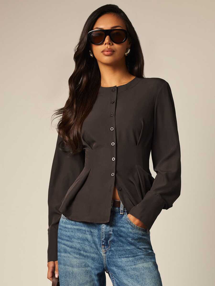 COSMINA Women's Casual Elegant Brown Waist-Cinching Commuter Blouse - Brown - View 1