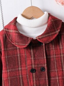 SHEIN Tween Girls' Back To School Autumn Vintage Red Plaid Overcoat With Bow Decor, Peter Pan Collar, Double-Breasted Daily Jacket - Red - View 7