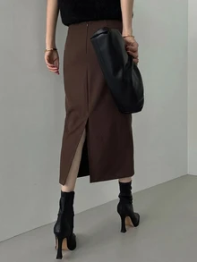 DAZY 女款純色優雅通勤直筒開衩裙 秋季 - 卡其色 - 查看 5
