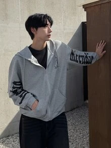 DAZY 春秋款華夫格紋布料灰色字母印花後背貼布設計寬鬆男士連帽衛衣 - 灰色 - 查看 4