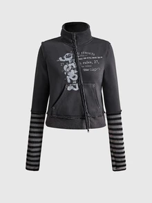 ROMWE Grunge Punk Punk Casual Daily Print Asymmetric Collar Stand Collar Patchwork Cuff Personalized Women's Sweatshirt - Dark Grey - View 1