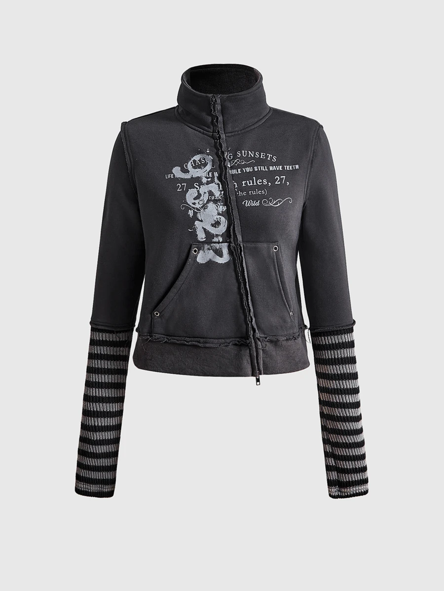 ROMWE Grunge Punk Punk Casual Daily Print Asymmetric Collar Stand Collar Patchwork Cuff Personalized Women's Sweatshirt - Dark Grey - View 1