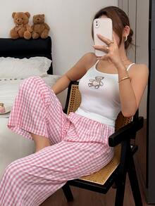 Napfluff Conjunto de 2 piezas de Camisola con Estampado de Oso Lindo + Pantalones de Pierna Ancha a Cuadros Rosados, Conjunto de Pijama Casual para Mujer, Se Puede Usar en la Calle - Rosa - Ver 1
