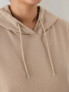 YARNWELL Sweatshirt Hoodie Kasual Wanita Ukuran Besar dengan Bahu Longgar dan Saku, Tali Serut, untuk Musim Gugur - Coffee Brown - View 3