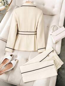 GlowEve CURVE Plus Size Minimalist Shawl Collar Knit Trim Contrast Button Decor Belt Loop Blazer With Pockets And Wide Leg Pants Suit Set - Apricot - View 2