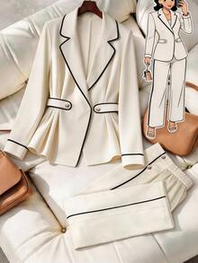 GlowEve CURVE Plus Size Minimalist Shawl Collar Knit Trim Contrast Button Decor Belt Loop Blazer With Pockets And Wide Leg Pants Suit Set - Apricot - View 1