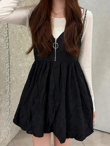 FRIFUL Women's Solid Color Zipper Front Casual Peplum Hem Cami Tank Top Fall - Black - View 1