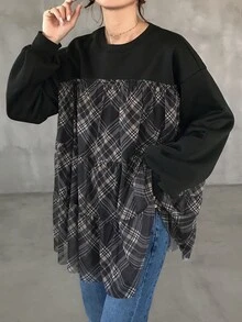FRIFUL Women's Casual Plaid Patchwork Sweatshirt, Autumn - Black - View 1