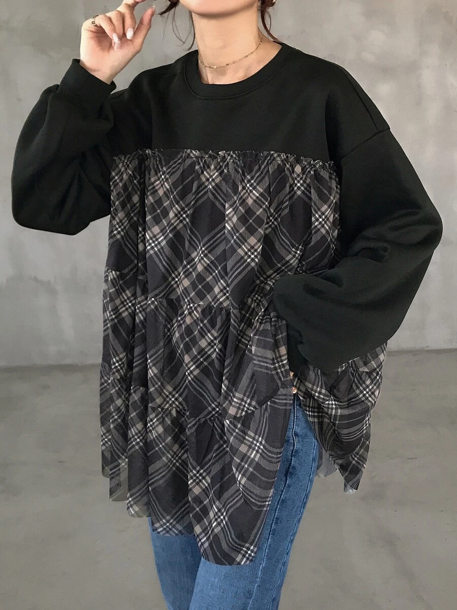 FRIFUL Women's Casual Plaid Patchwork Sweatshirt, Autumn - Black - View 1
