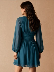 CielaLinda Women's Teal Blue Chiffon Cut-Out Ruched Mini Dress, Long Sleeve Flowy Dress - Dark Green - View 2