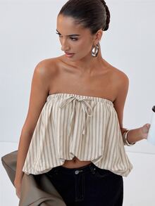 Hauture Denim Bubble Hem Strapless Top - Multicolor - View 3