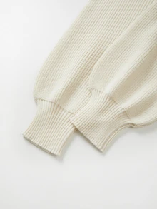SHEIN Polo Collar Ribbed Knit Mini Dress Puff Long Sleeve Half Button Bodycon Sweater Dress - Beige - View 8