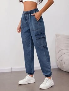 SHEIN Tall 女款腰部綁帶工裝口袋休閒錐腿牛仔褲秋季服飾 - 藍色 - 查看 4