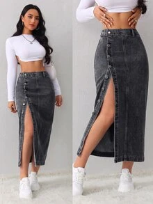 SHEIN Tall 女款高腰單排扣休閒牛仔裙職場穿搭 - 黑色 - 查看 1