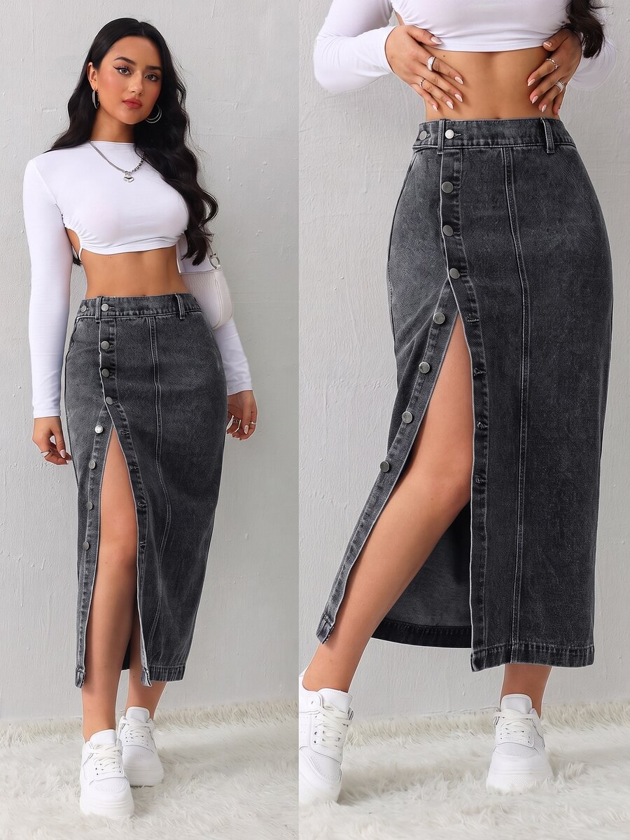 SHEIN Tall 女款高腰單排扣休閒牛仔裙職場穿搭 - 黑色 - 查看 1