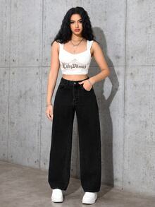 SHEIN PETITE 女款休閒日常牛仔褲，附口袋與鈕扣設計 - 黑色 - 查看 5