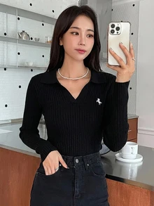 DAZY 女款刺繡裝飾商務休閒套頭毛衣 - 黑色 - 查看 1