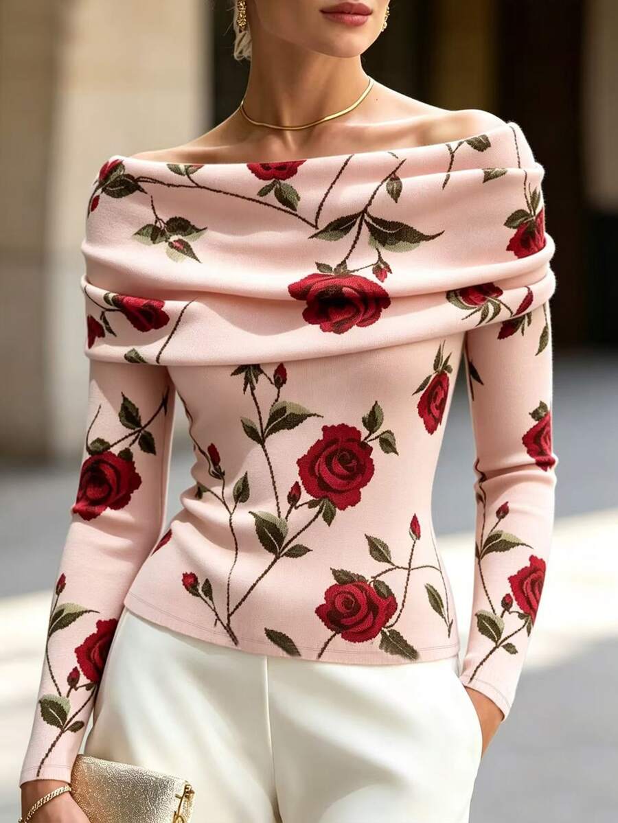 RosyDaze 女款優雅花卉印花露肩T恤