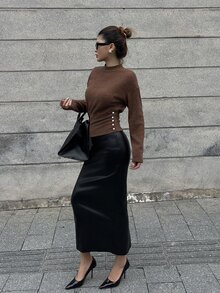 DAZY Fall/ Brown Button Contrast Patchwork Brunch Stand Collar Elegant Office Work Casual Waist-Cinching Long Sleeve Women's T-Shirt - Brown - View 6