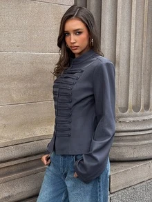 Aloruh Jaket Wanita Lengan Panjang Warna Polos Kasual Serbaguna Potongan Reguler - Dark Grey - View 4