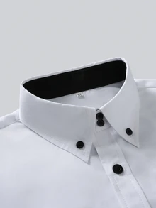 Manfinity Bizformal 男士純色斜紋領口鈕扣長袖襯衫，修身商務休閒百搭正裝襯衫 - 白色 - 查看 3