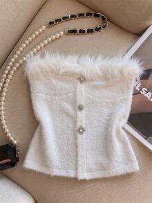 INAWLY Women's Solid Color Rhinestone Decor Patchwork Fur Fashion Bandeau Top - White - View 1