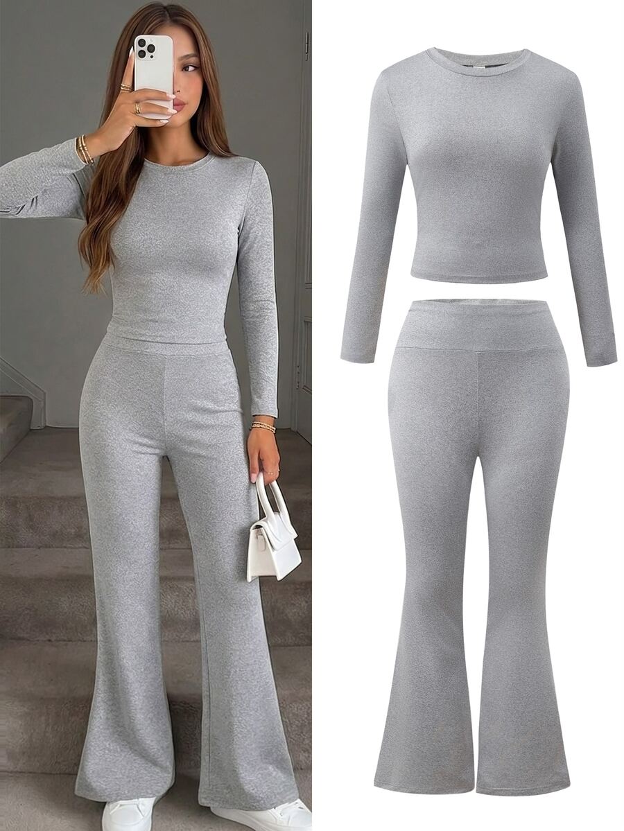 Teen Girl Solid Color Long Sleeve T-Shirt And Flare Pants Casual Daily Outfit - Grey - View 1