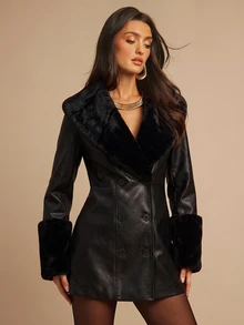 Silquee Fashionable Faux Fur Patchwork Button PU Material Jacket - Black - View 7