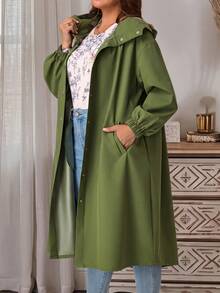 EMERY ROSE Plus Size Solid Hooded Button Front Long Sleeve Trench Coat With Pockets Fall Winter 2026 - Army Green - View 9