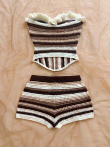 Soleia Women's Plus Size Vacation Striped Knit 2 Pieces Set - Multicolor - View 2