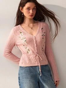 Willow Rêve Women's Dusty Pink V-Neck Cardigan Sweater With Floral Embroidery, Button Front, Drawstring Waist And Long Sleeves, Romantic Cottagecore Autumn Style - Pink - View 4