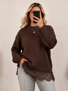 Vionelle Plus Size Women's Solid Color Round Neck Dropped Shoulder Loose Knit Sweater With Lace Hem Splice 2 In 1 Long Sleeve Pullover - Coffee Brown - View 4