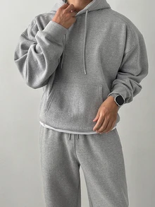 DAZY Men's Autumn/Winter Light Gray Floral Fleece Hoodie Sweatshirt And Straight Leg Sweatpants Set With Ribbed Hem And Cuffs, Elastic Waist - Grey - View 5