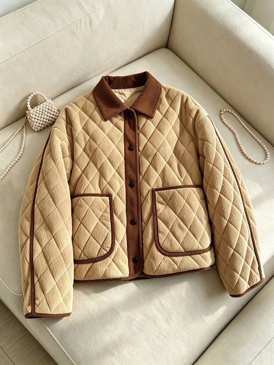 SHEIN Franclia Women's Vintage Dark Brown Trim Double Pocket Loose Drop Shoulder Casual Versatile Jacket - Khaki - View 1