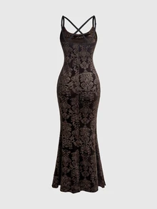 ROMWE Goth Vestido largo de sirena con tirantes finos de terciopelo jacquard marrón estilo gótico para mujeres - Café integral - Ver 2