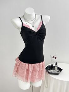 Elamini Women's Contrast Lace Twist Design Fashion Sexy Camisole Going Out Night Out Black And Pink Summer - Black - View 4