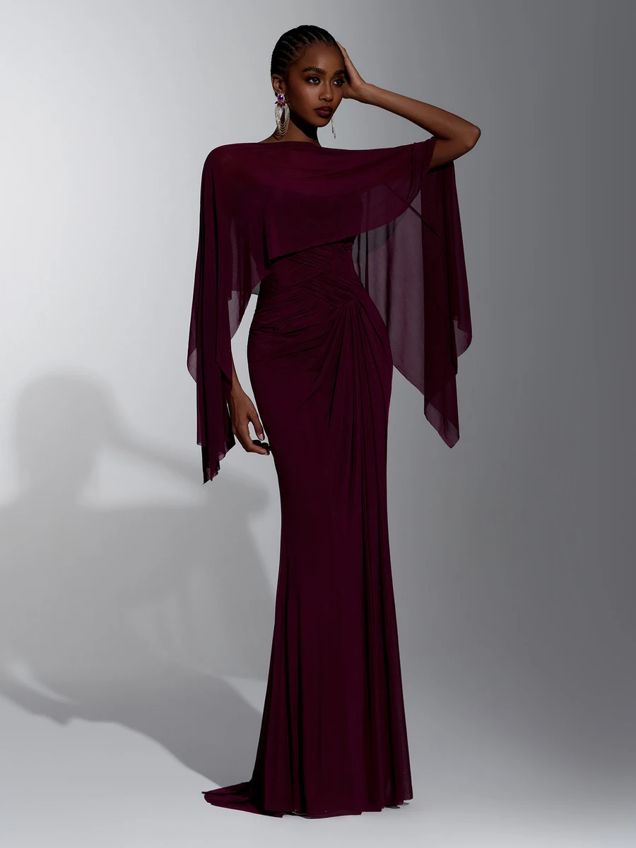 Elitara Elegante Vestido de Fiesta Romántico y Sexy de Malla Elástica Color Burdeos con Fruncido y Bajo de Sirena, Vestido para Invitada de Boda, Vestido para Despedida de Soltera, Vestido de Noche Formal (Chal Gratis) - Burdeos - Ver 1